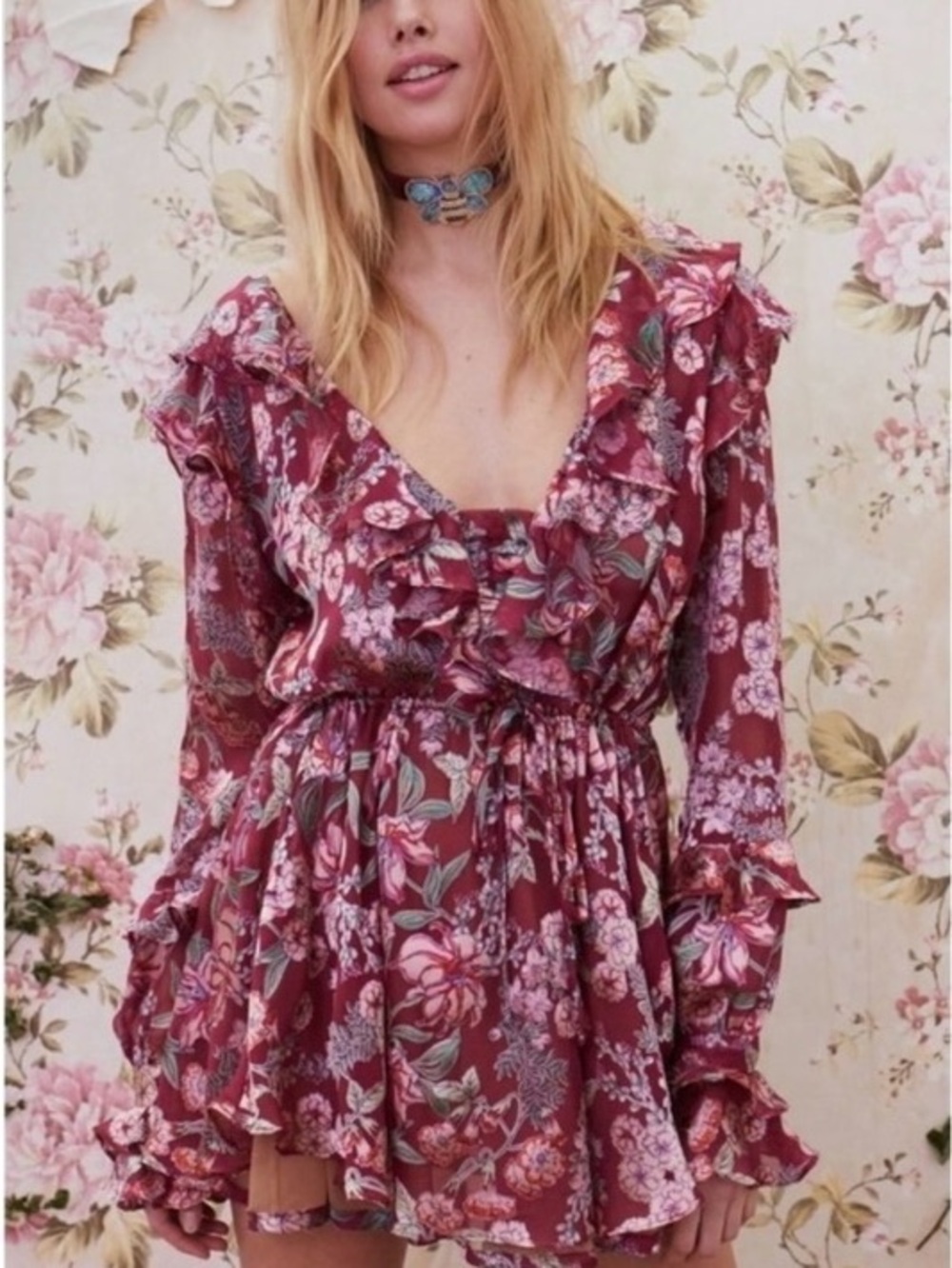 For Love & Lemons Burgundy Floral Ruffled Mini Dress